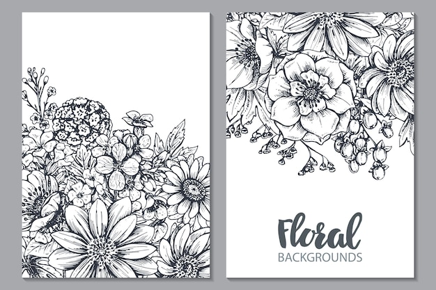 Floral hand drawn spring flowers and plants in sketch style.