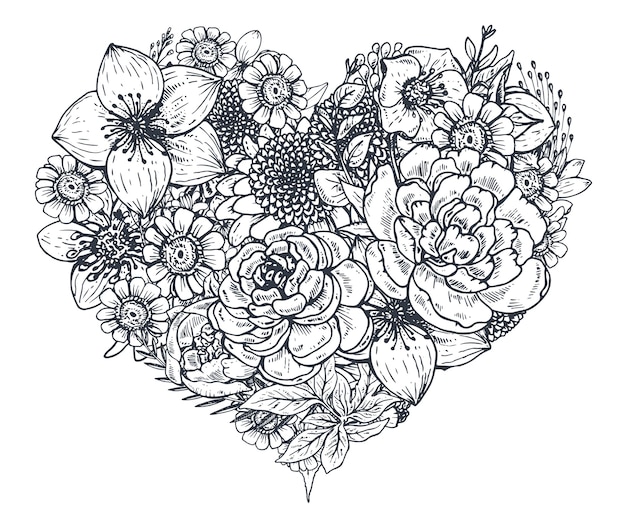 花のハート 手描きの花や植物の花束の構成 スケッチ風のモノクロイラスト プレミアムベクター