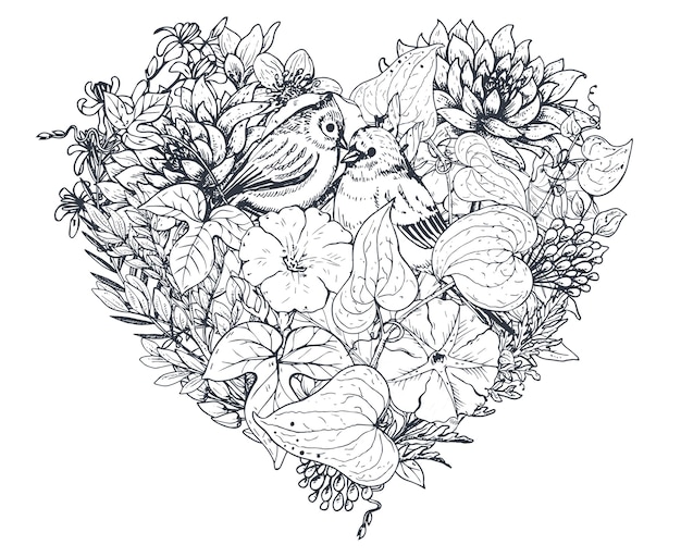 Cuore floreale. composizione bouquet con fiori, piante e uccelli disegnati a mano. illustrazione monocromatica nello stile di abbozzo.