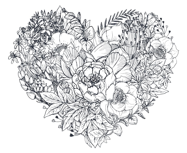 Cuore floreale. composizione bouquet con piante e fiori disegnati a mano. illustrazione monocromatica nello stile di abbozzo.