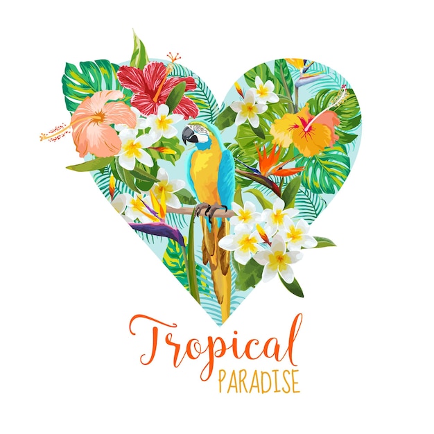 Floral Heart Design with Tropical Flowers and Bird