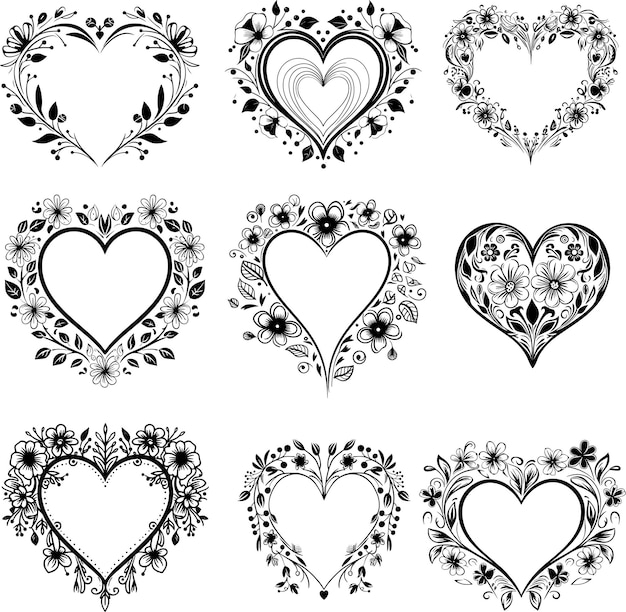Vector floral heart flower heart line art silhouette black and white collection