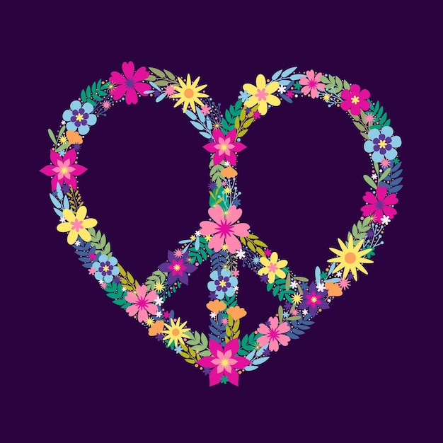 Vector floral heart peace symbol icon flowers logo design world peace day anti military movement emblem