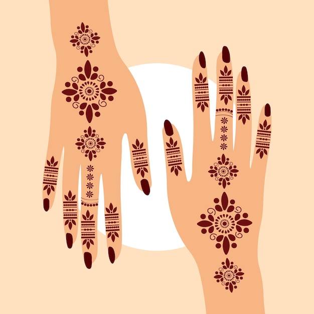 Disegno floreale dell'illustrazione della mano di vettore di mehndi dell'henné, mani dell'henné