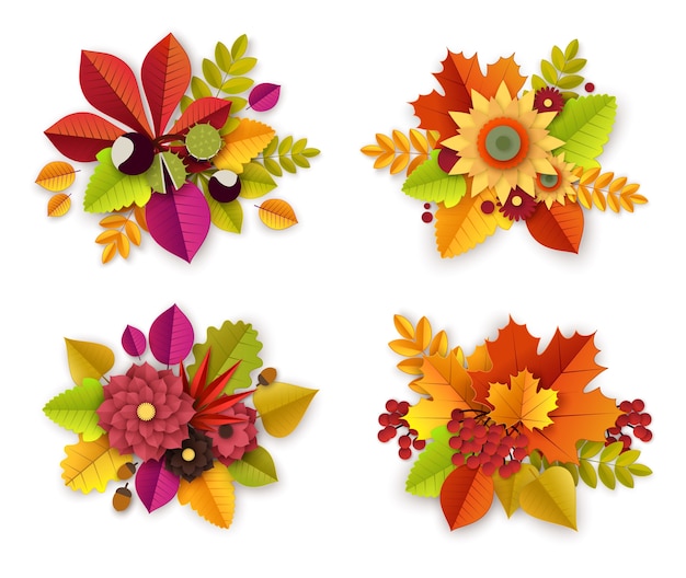 Floral herfstdecoratie met papier snijbloemen en bladeren. set herfst bloemen boeketten. papier kunst stijl illustratie