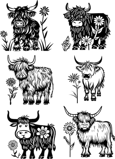 Vector floral highland cow silhouette flower cow set vector illustration