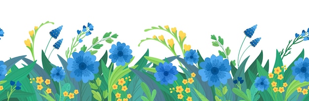 Floral horizontal background. Blue and yellow wildflowers border.