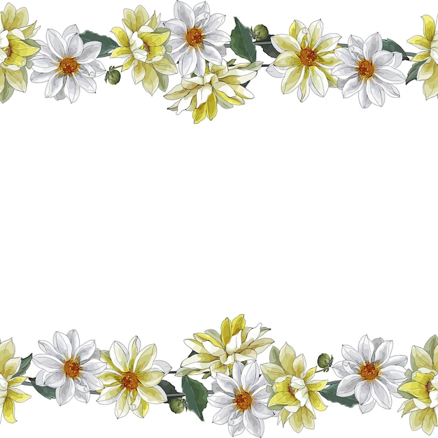 Vector floral horizontal border with yellow, white dahlias and green leaves