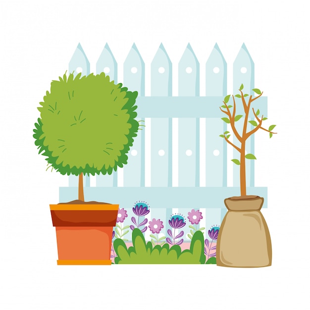 Цветочное комнатное растение с забором в саду