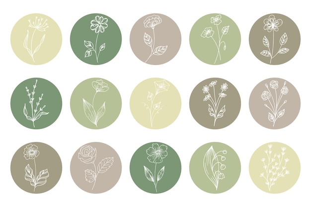 Premium Vector | Floral icons set white contour flowers in round shapes ...