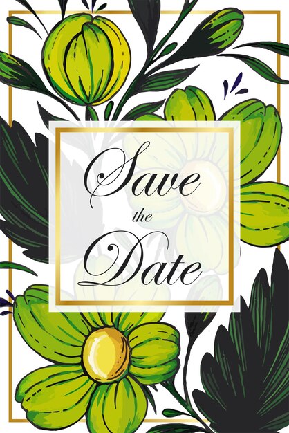 Floral invitation card, save the date with watercolor background, golden flowers and leaves.