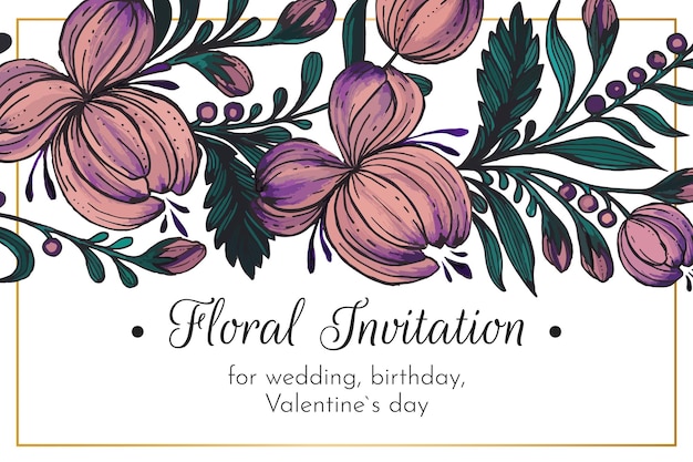 Floral invitation card, save the date with watercolor background, golden flowers and leaves.