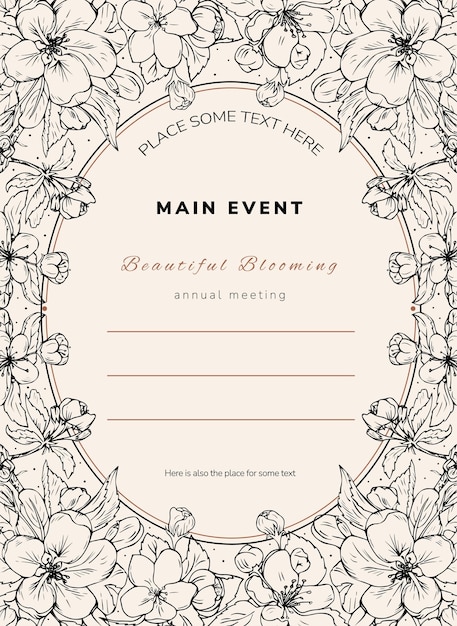 Floral invitation with cherry flowers Vintage hand drawn frame for a text