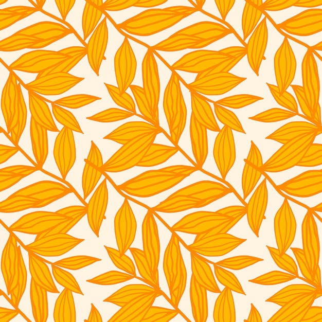 Floral isolated seamless pattern with outline foliage silhouettes. Yellow and orange tones botanic ornament on white background.