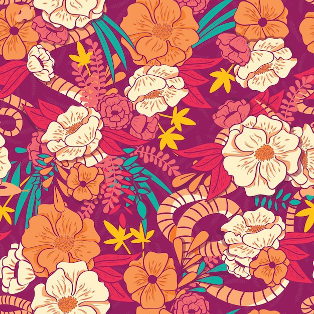 Floral jungle with snakes seamless pattern