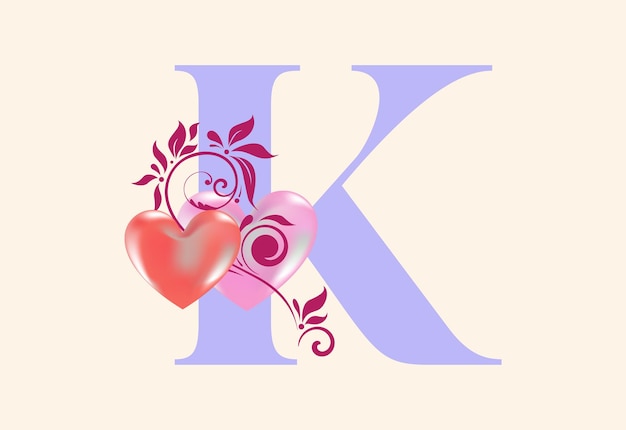 Lettera monogramma floreale k con segno del cuore alfabeto iniziale con elementi botanici