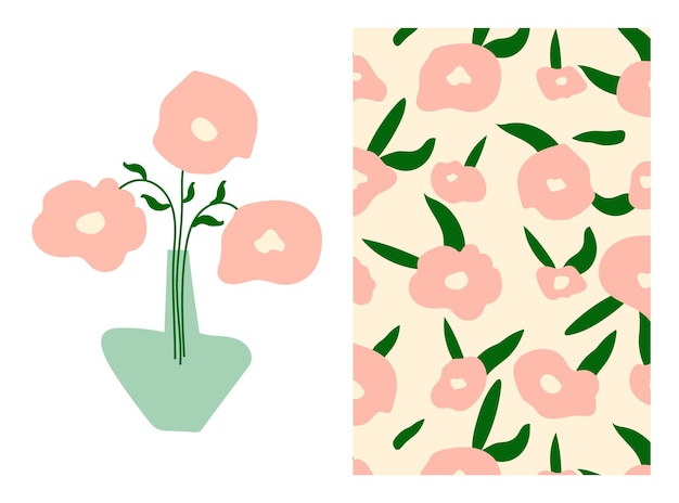 Floral kaart sjabloonontwerp. Stel illustratie van roze bloemen in een vaas en bloemenpatroon in.
