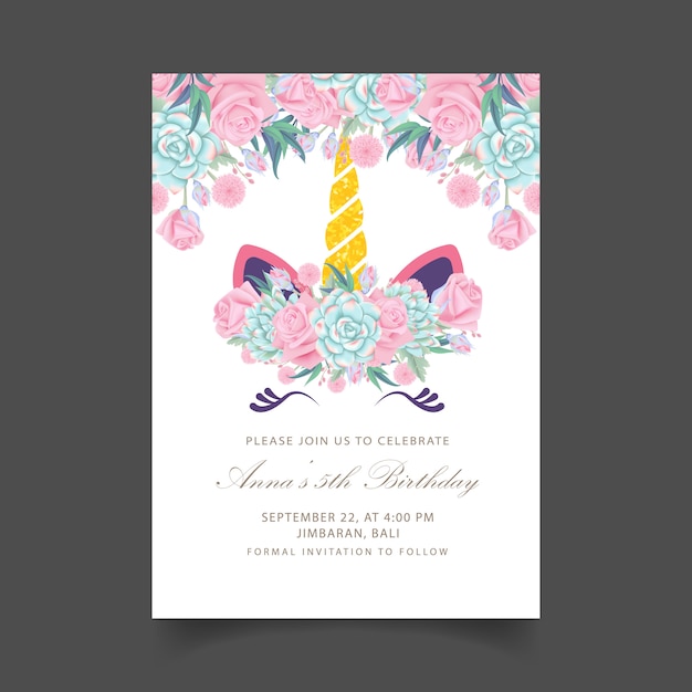 Floral kids birthday invitation with cute unicorn