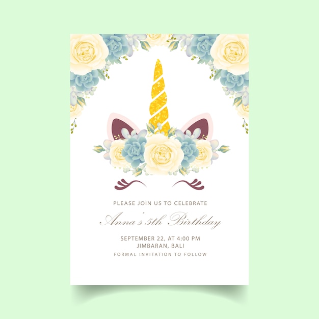Vector floral kids birthday invitation with cute unicorn