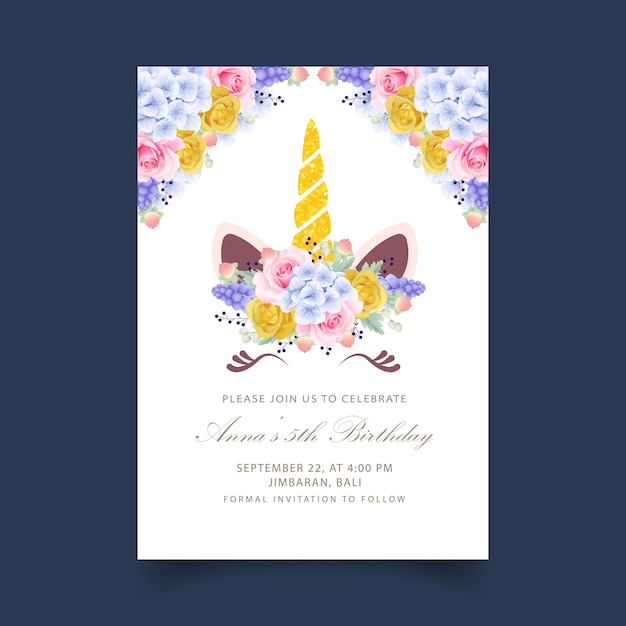 Vector floral kids birthday invitation with cute unicorn