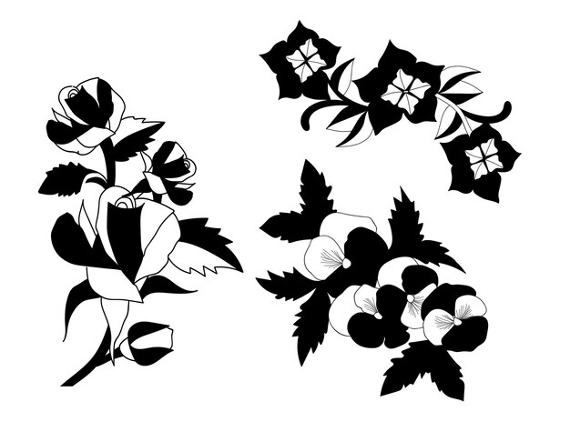 Vector floral leaves and rose flower isolated vector isolated silhouettes.