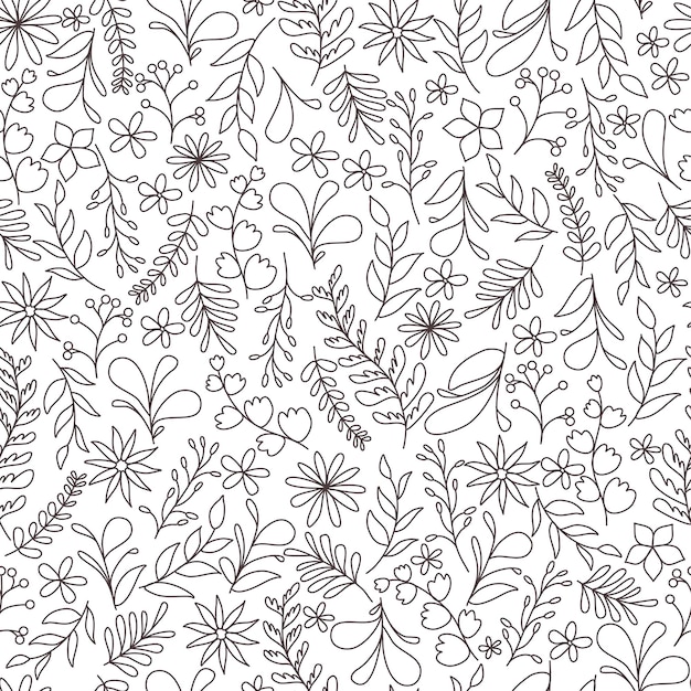 Floral and leaves seamless pattern. Hand drawn linear and silhouette flowers, branches, leaves textures. elegant template for fashionable printers. Simple universal background.