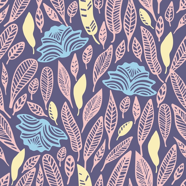 Floral leaves seamless pattern with hand drawn blooming flowers