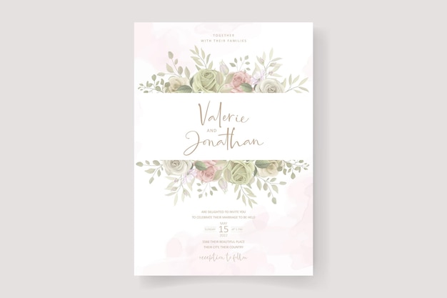 Vettore disegno della carta di invito a nozze floreale e foglie