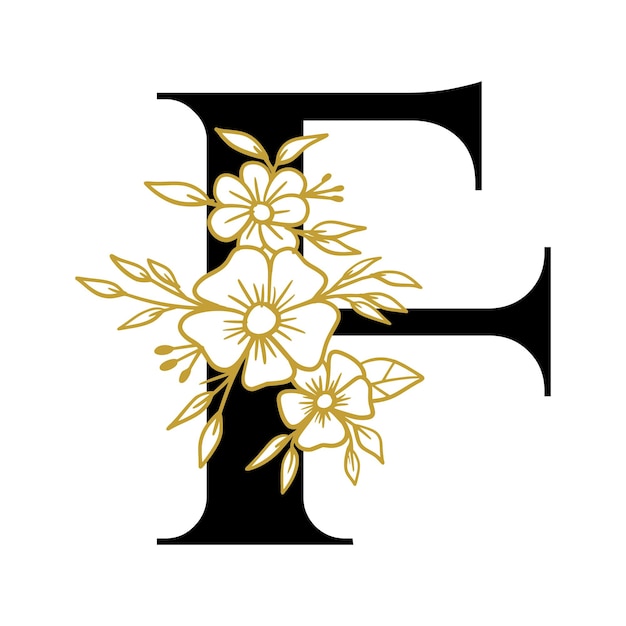 Floral Letter F decoratief met met de hand getekende bloemen en bladeren ornament