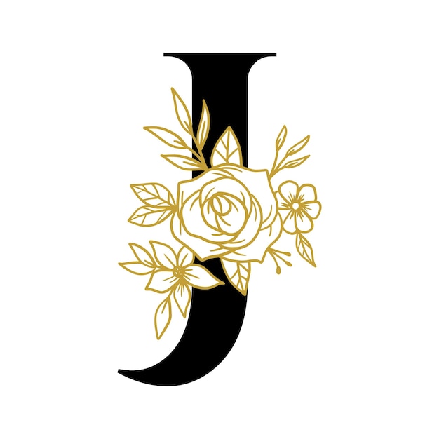 Floral Letter J decorative with hand drawn flower and leaves ornament