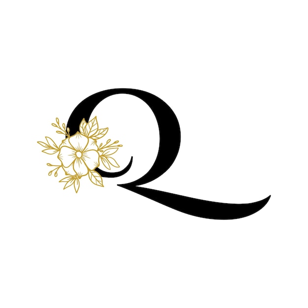 Vector floral letter q decorative with hand drawn flower and leaves ornament