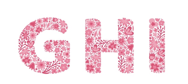 Floral letters G H I Font of pink flowers Alphabet Doodle Vector