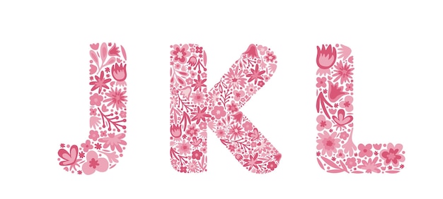 Floral letters J K L Font of pink flowers Alphabet Doodle Vector