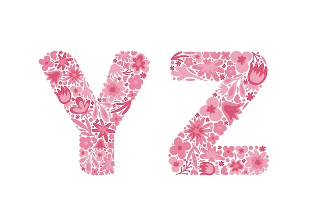 Vector floral letters y z font of pink flowers alphabet doodle vector