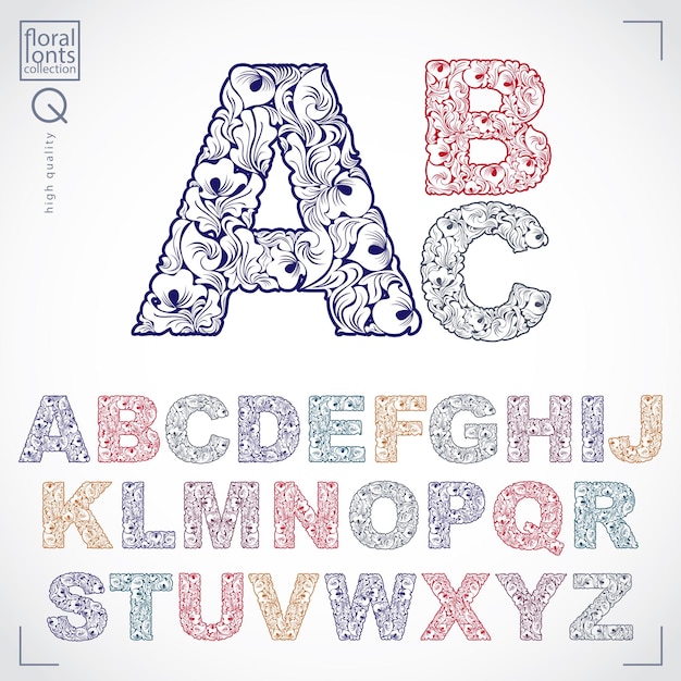 Floral lettertype, handgetekende vector hoofdletters van het Alfabet versierd met botanisch patroon. Sier typoscript, vintage design belettering.
