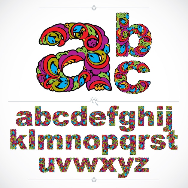 Floral lettertype, handgetekende vector kleine letters van het alfabet versierd met botanische patroon. Kleurrijke sier typoscript, vintage design belettering.