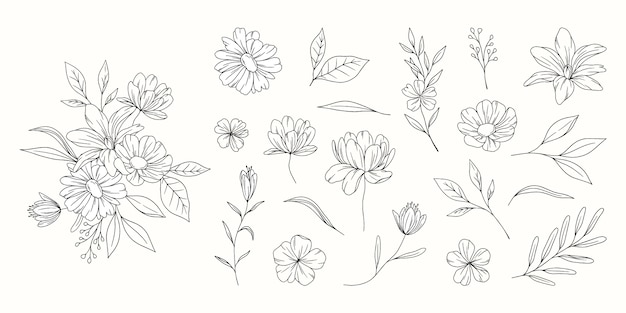 Floral lijntekeningen plat ontwerp stickers