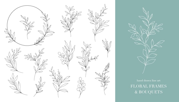 Floral Line Art Greenery Outline Hand Drawn Outline Leaves isolated
