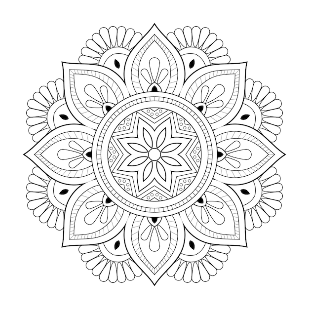 Floral line art mandala pattern with Arabic ethnic style black and white coloring page