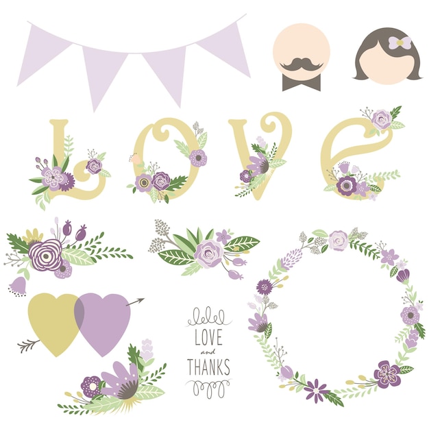 Vector floral love greeting elements