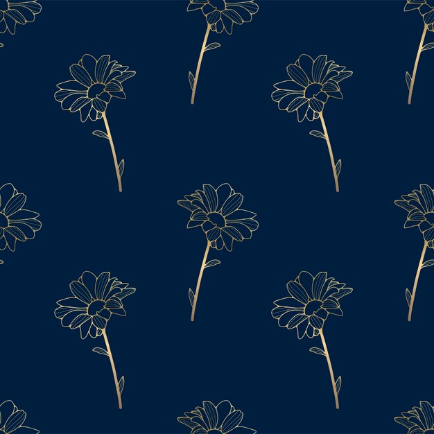 Vector floral luxury seamless pattern with golden daisy outlines on a dark blue background