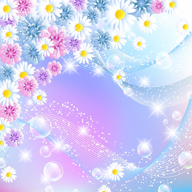 Floral magic background with bubbles and colorful flowers Greeting card