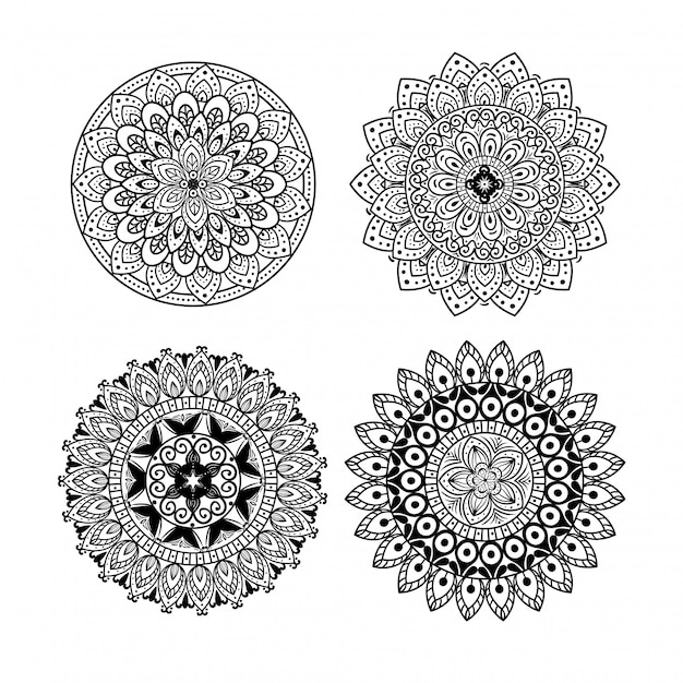 floral mandala ornament set icons on white background, vintage luxury, ornamental decoration