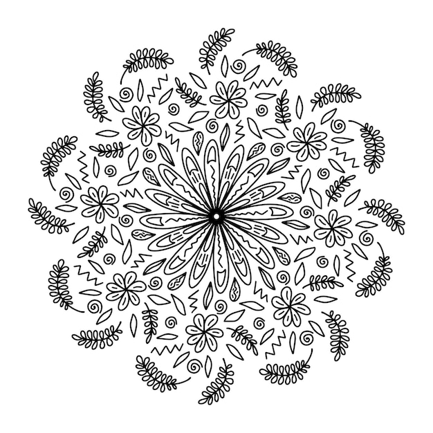 Mandala floreale con fiori e foglie in stile doodle carino adulti e bambini da colorare pagina e libro