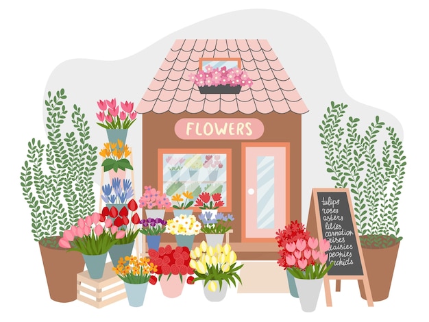 Вектор Иллюстрация интерьера фасада цветочного рынка цветочный магазин в плоском стиле, украшенный растениями и цветами, векторная иллюстрация