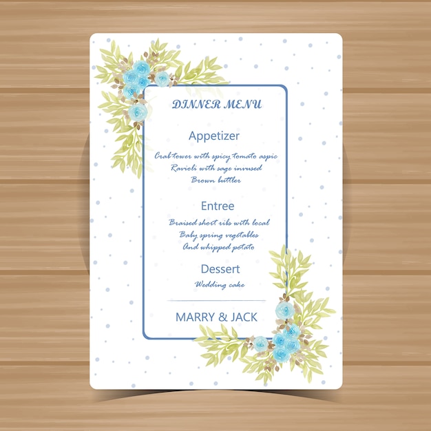 Floral menu card for wedding with beautiful blue roses