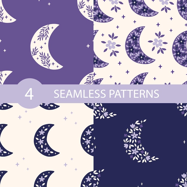 Floral moon vector seamless pattern set trendy illustration with flower stars print for fabric