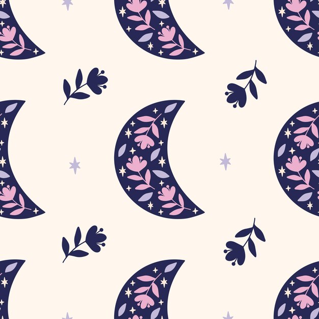 Floral moon vector seamless pattern Trendy illustration with flower stars on beige background Boho luna print for fabric design textile kids and baby clothes wrapping paper wallpaper