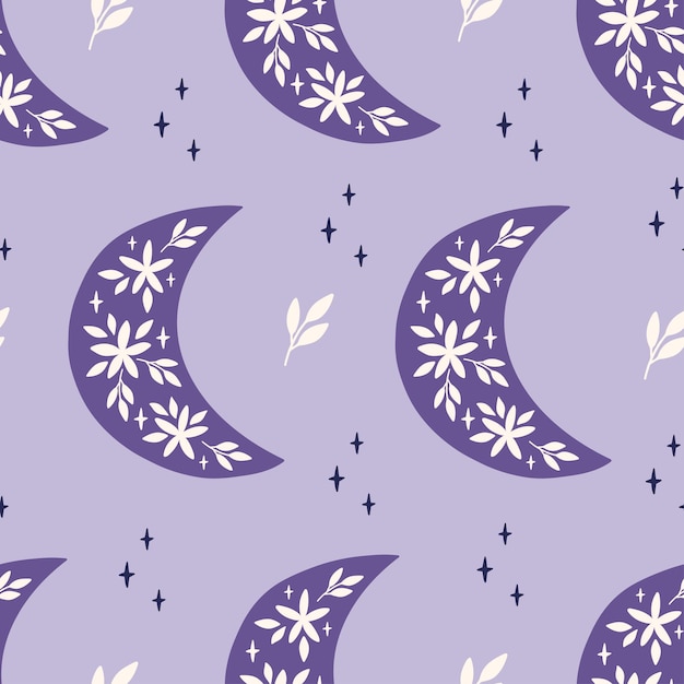 Floral moon vector seamless pattern