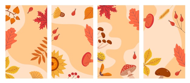 Floral nature banners designs with autumn plants place to copy text Vertical botanical backgrounds mushrooms leaves